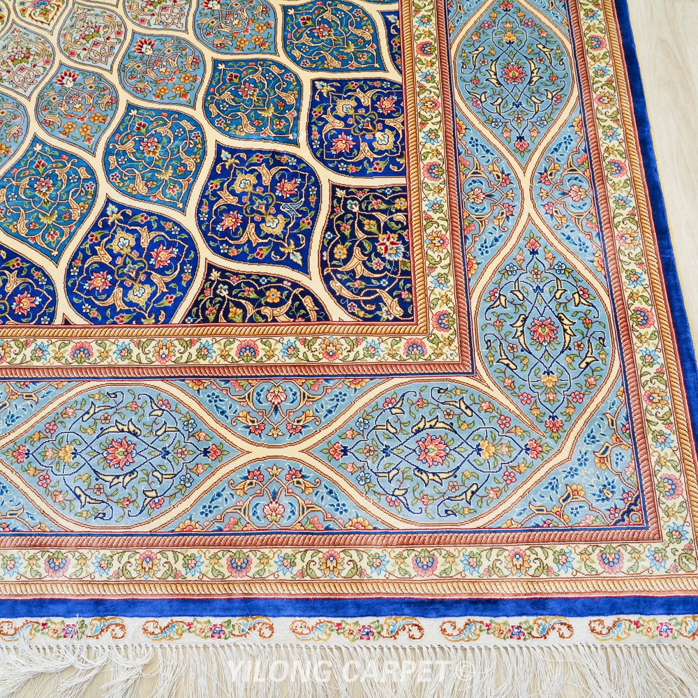 Blue, teal and beige Hand-Knotted Real Silk Rug 8 × 10 ft | CZN132A | Turkish Style | YILONG - Image 6