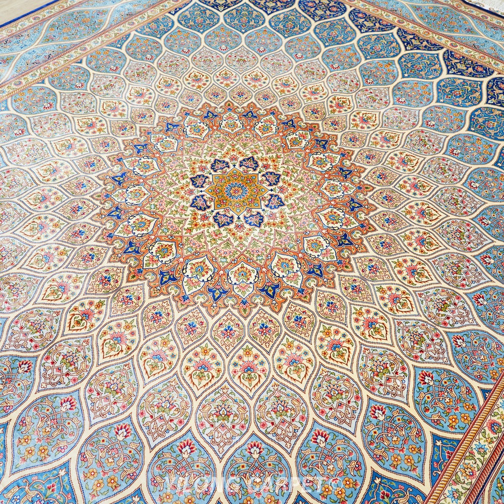 Blue, teal and beige Hand-Knotted Real Silk Rug 8 × 10 ft | CZN132A | Turkish Style | YILONG - Image 7