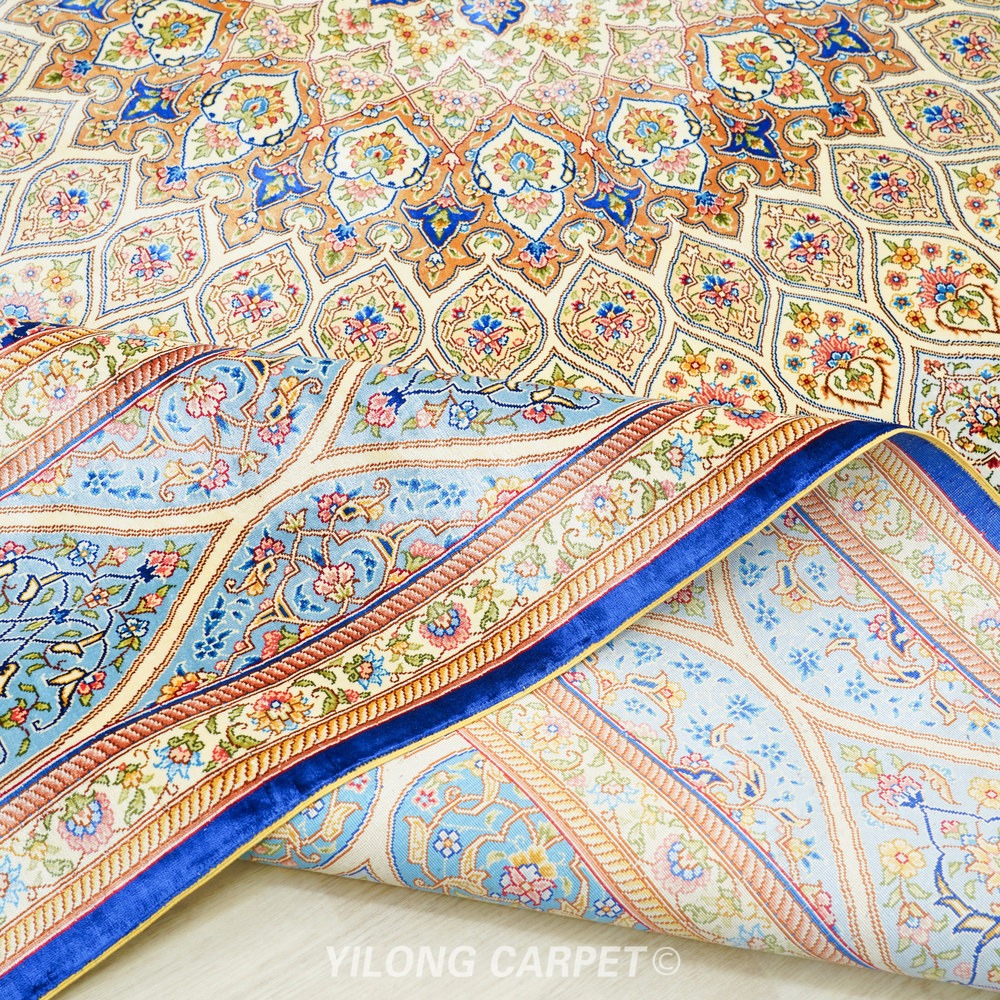 Blue, teal and beige Hand-Knotted Real Silk Rug 8 × 10 ft | CZN132A | Turkish Style | YILONG - Image 8