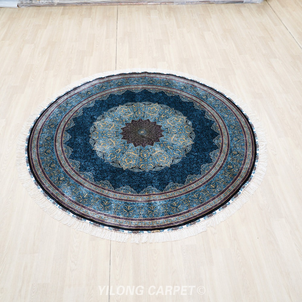 Blue, teal and gray Hand-Knotted Real Silk Rug 6 × 6 ft | CZN133A | Turkish Style | YILONG - Image 2