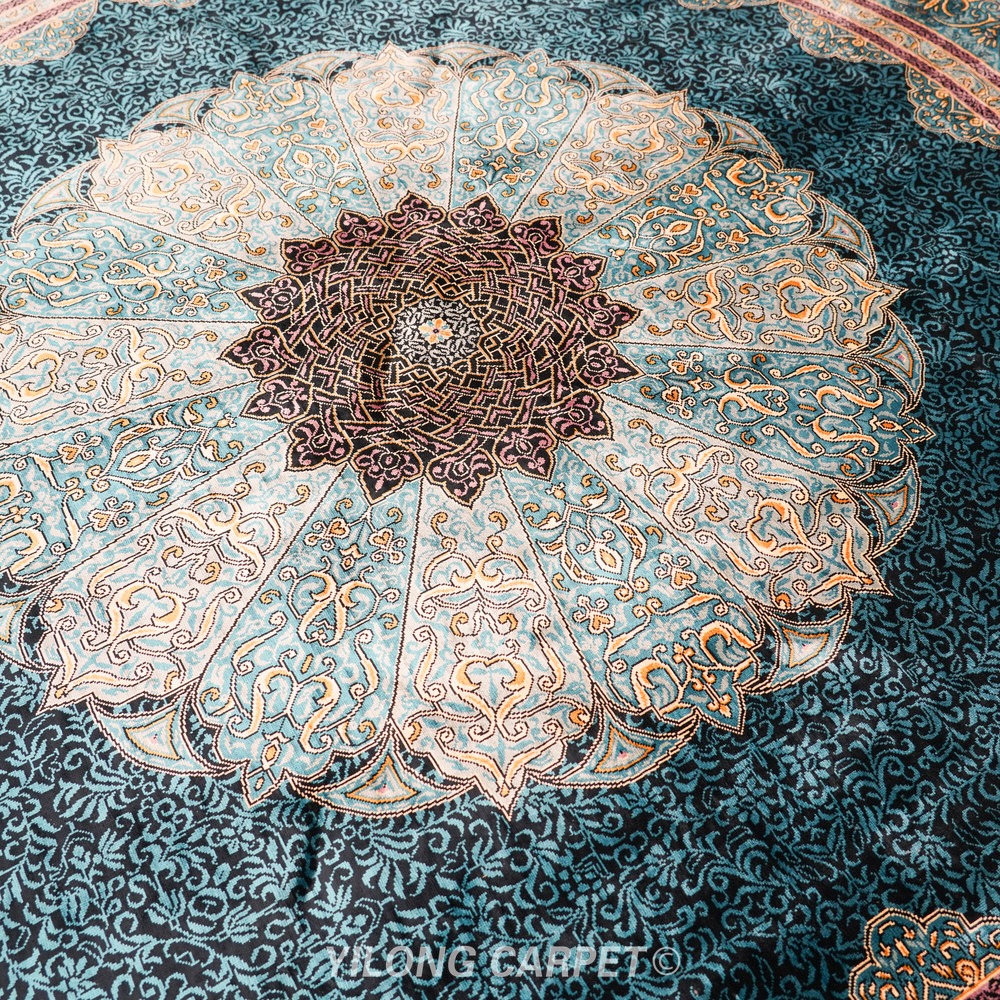 Blue, teal and gray Hand-Knotted Real Silk Rug 6 × 6 ft | CZN133A | Turkish Style | YILONG - Image 3