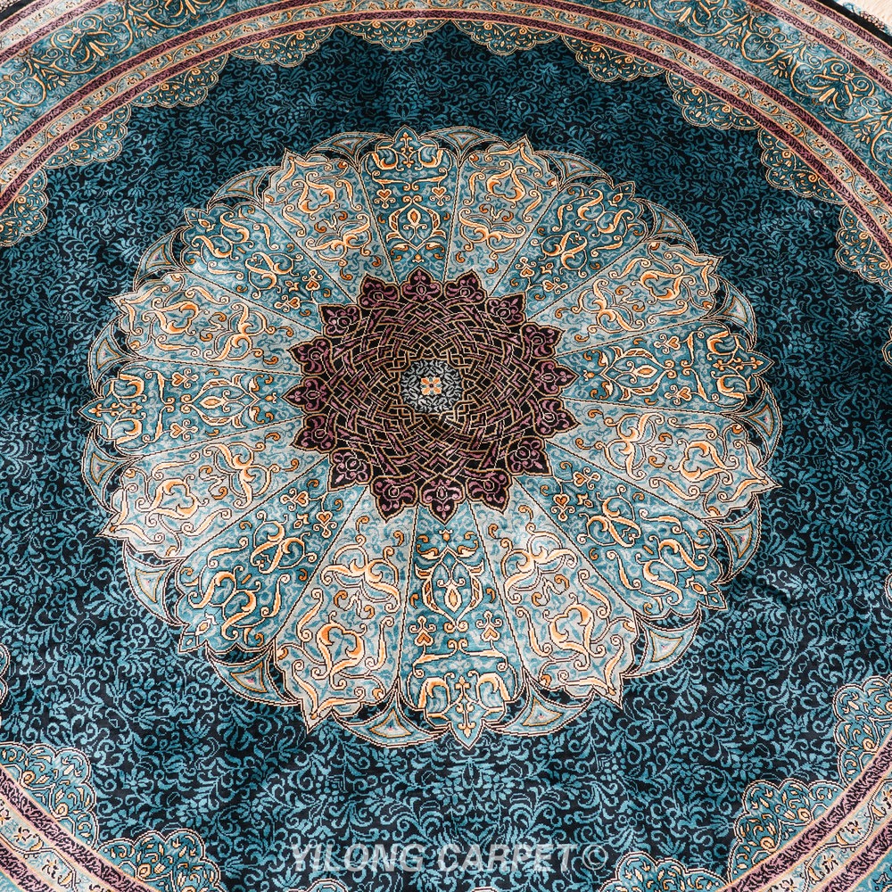 Blue, teal and gray Hand-Knotted Real Silk Rug 6 × 6 ft | CZN133A | Turkish Style | YILONG - Image 4