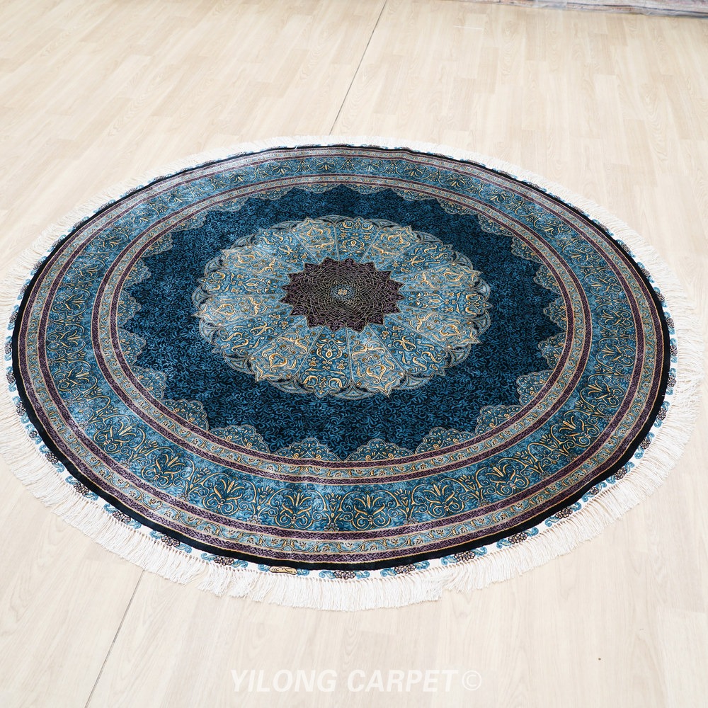 Blue, teal and gray Hand-Knotted Real Silk Rug 6 × 6 ft | CZN133A | Turkish Style | YILONG - Image 5