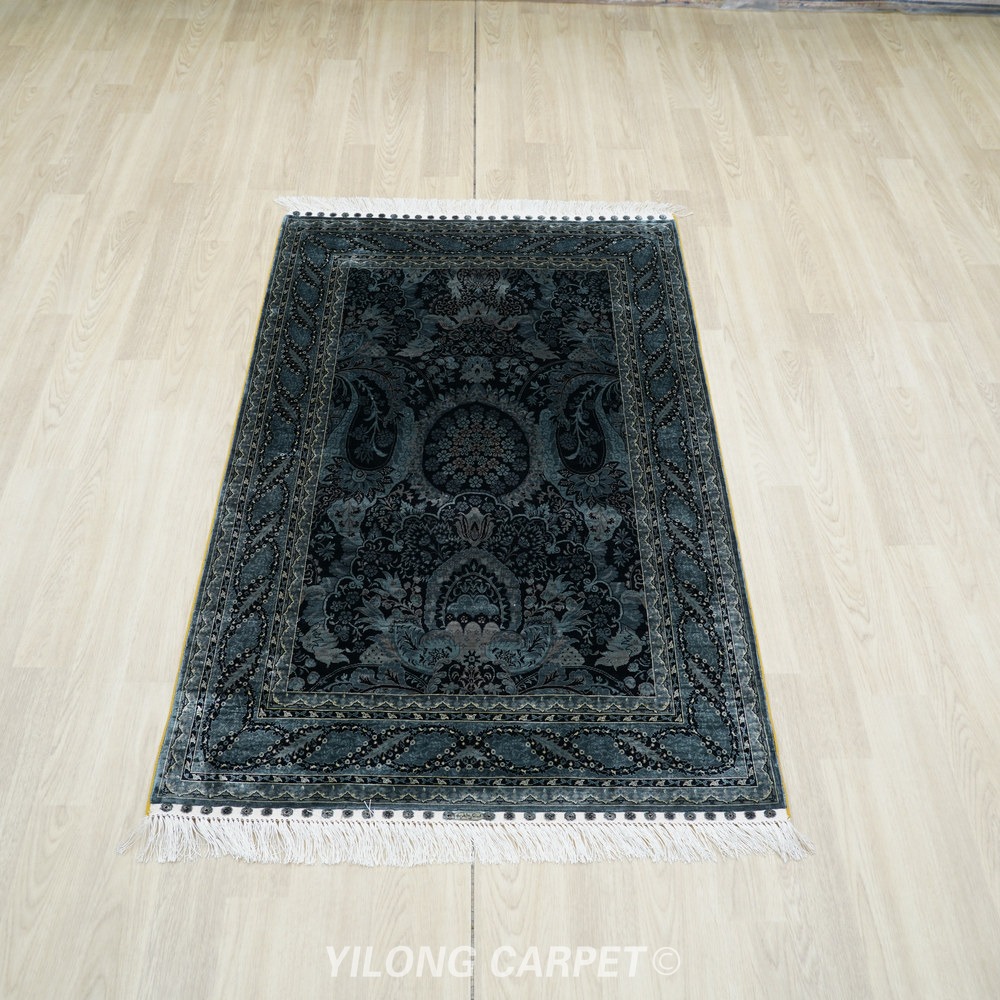 Black and charcoal Hand-Knotted Real Silk Rug 3 × 4.5 ft | CZN134A | Turkish Style | YILONG - Image 2
