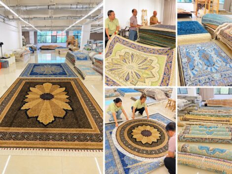 Collage of YILONG rugs displayed, handled by staff and rolled in the showroom